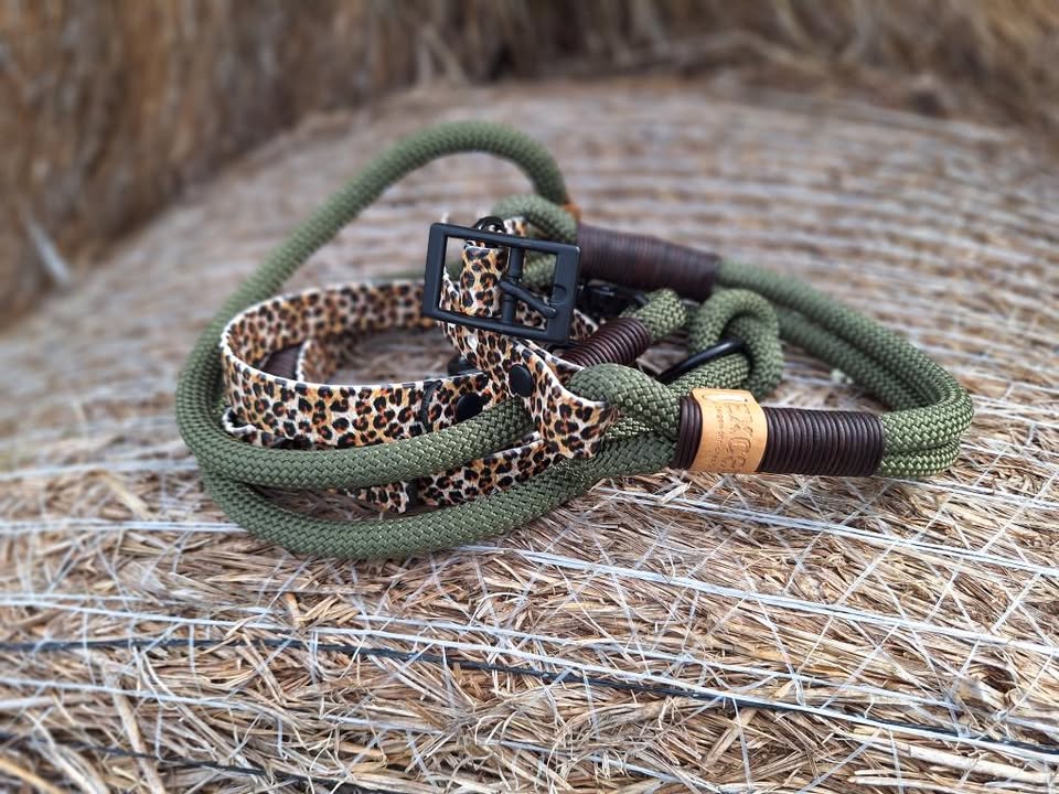 Set | Halsband und Leine aus Tau x BioThane® 'Olive Wildcat'