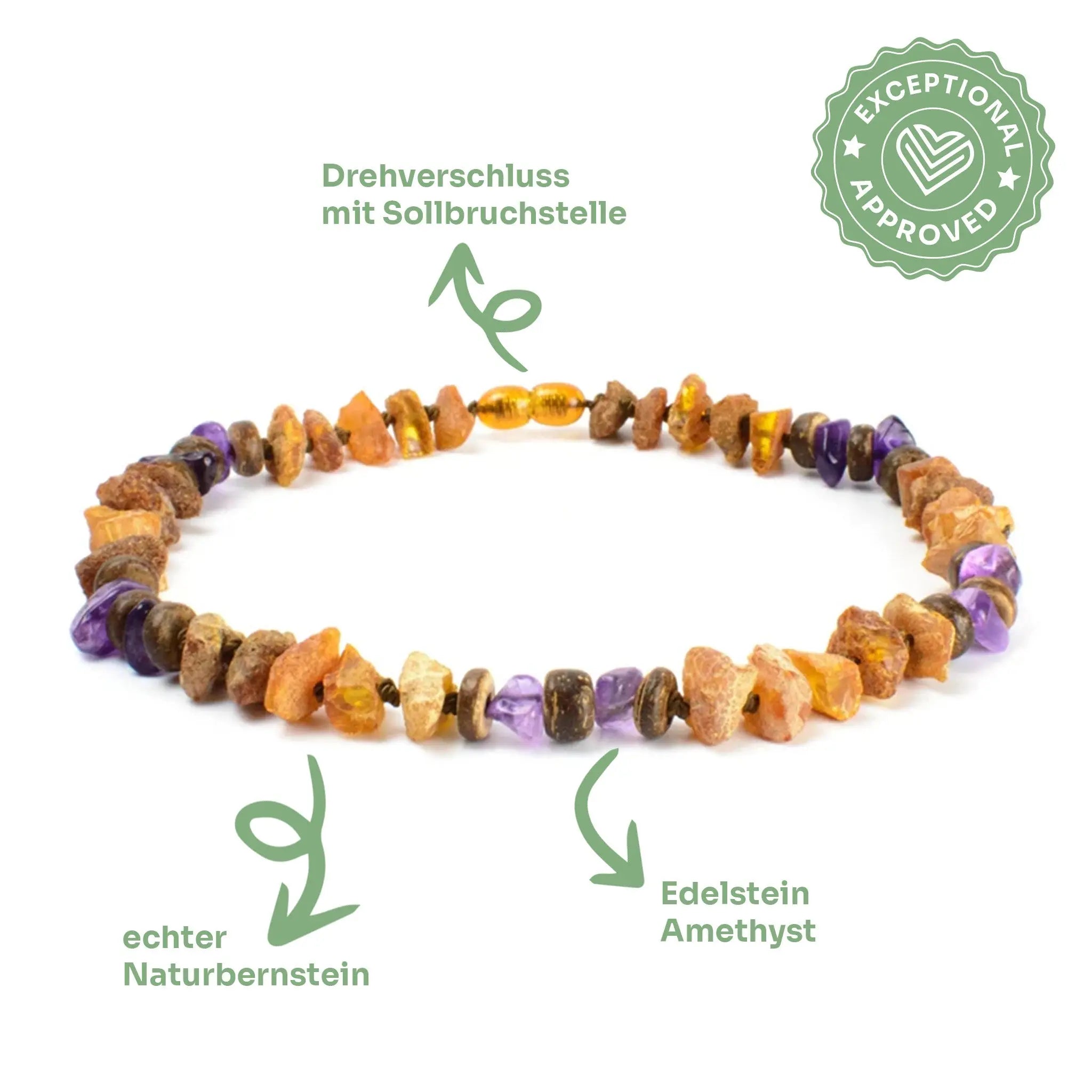 Bernsteinkette mit Amethyst – 🌿 Natürlichkeit trifft Balance 💜 Exceptional - Manufaktur mit Herz