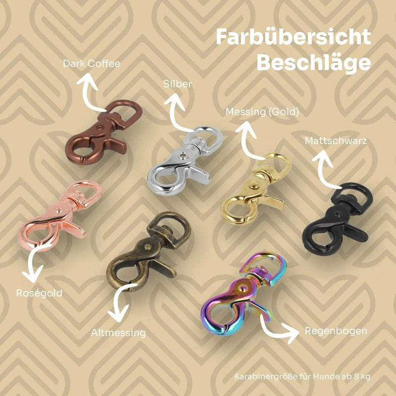 Farbübersicht Beschläge für Tauhalsbänder und Tauleinen – Exceptional Manufaktur