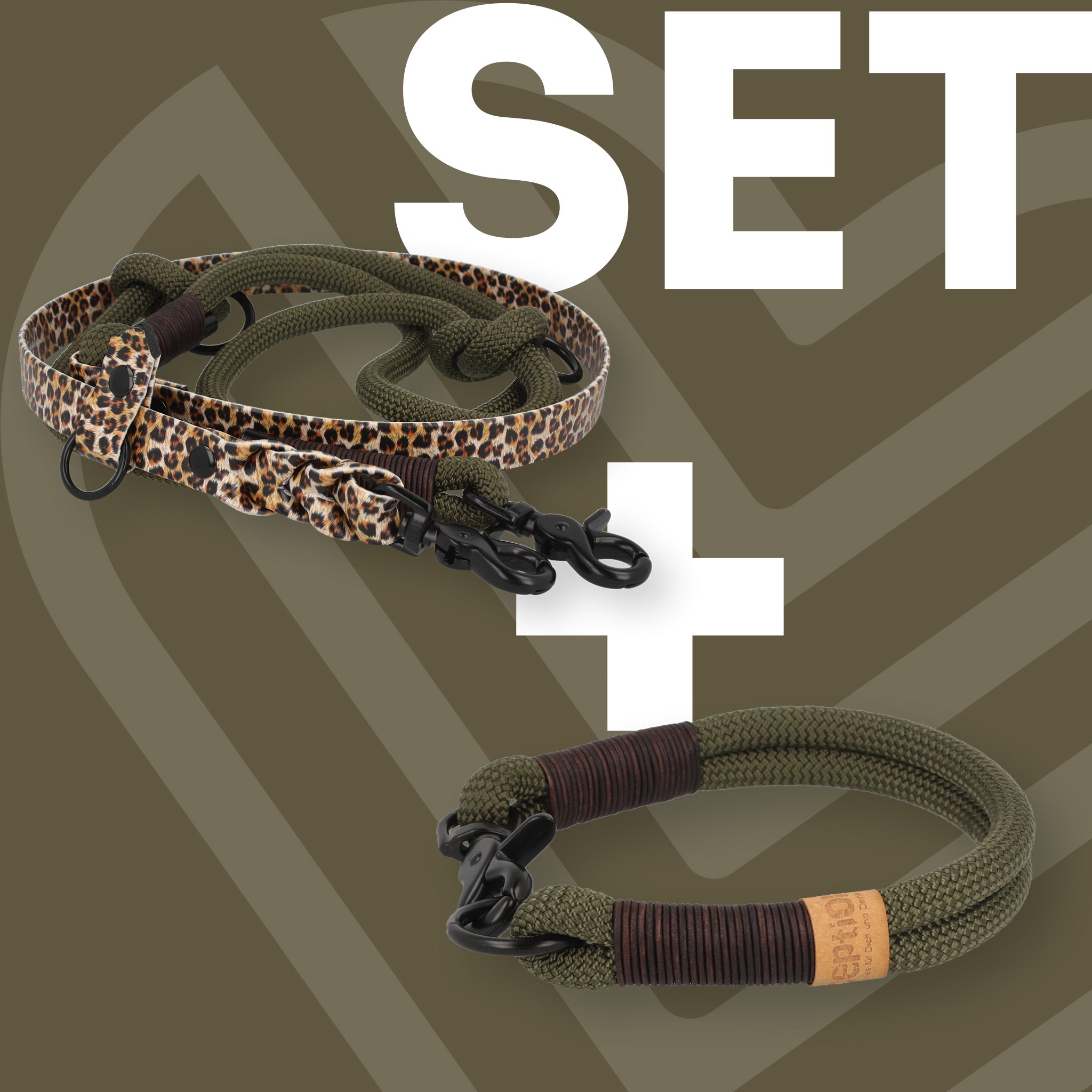 Set | Halsband und Leine aus Tau x BioThane® 'Olive Wildcat'