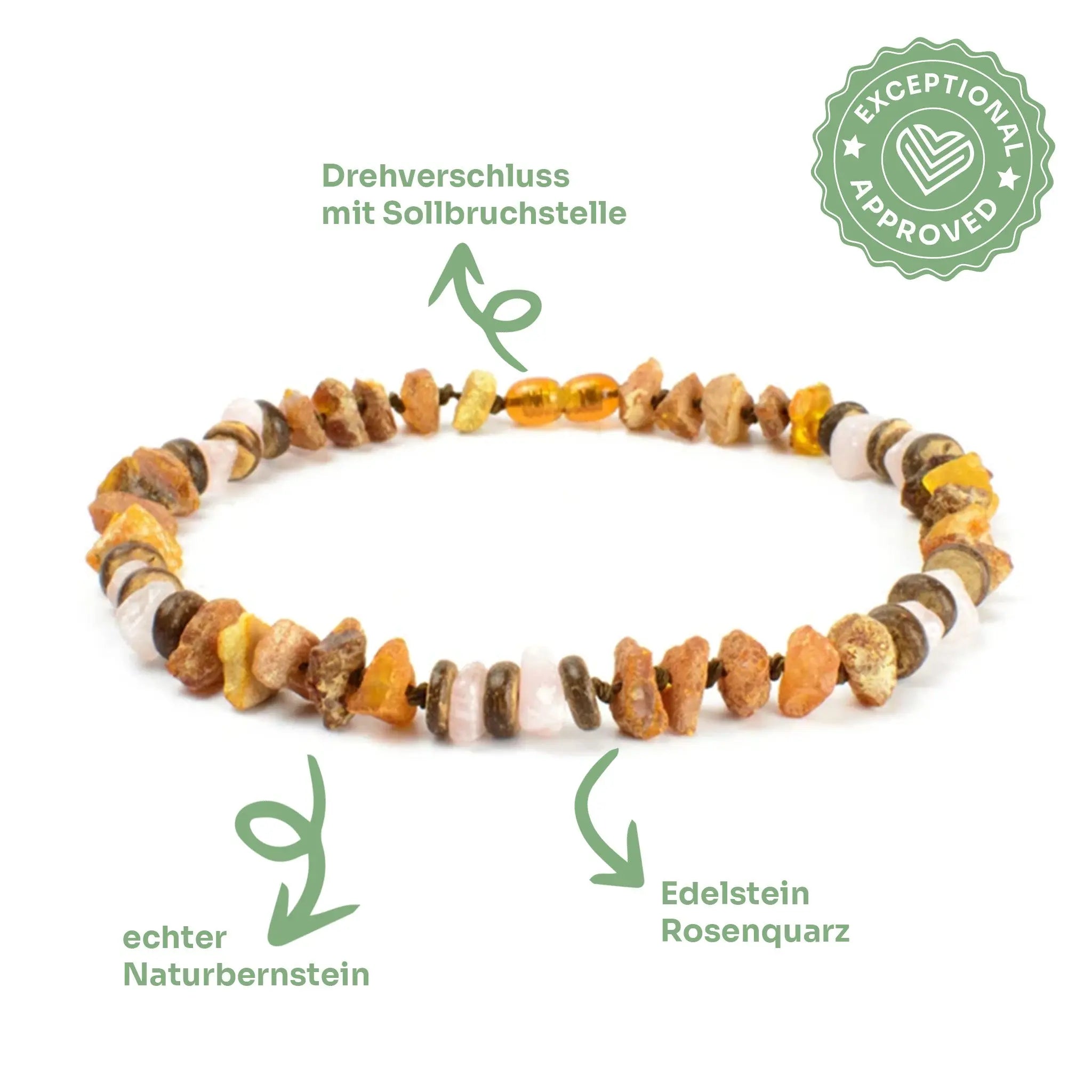 Bernsteinkette mit Rosenquarz – 🌿 Liebe in ihrer natürlichsten Form 💗 Exceptional - Manufaktur mit Herz