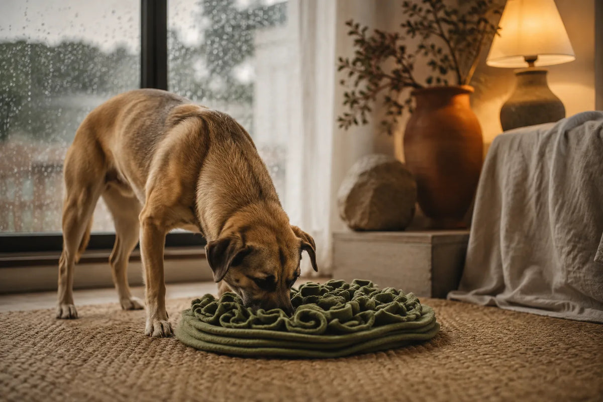 Hund sucht konzentriert in einer Schnüffeldecke auf einem Teppich