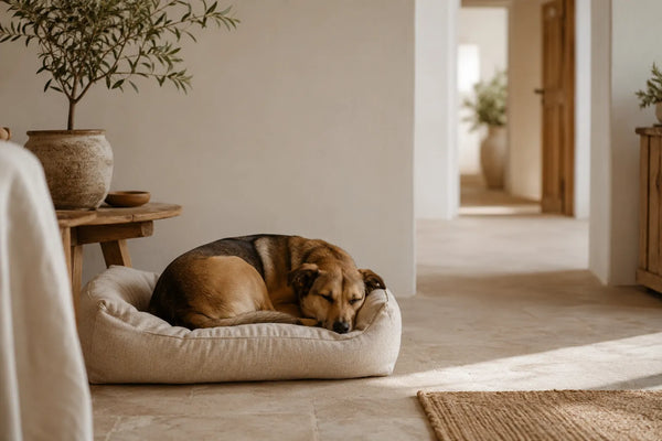 Hund schläft zusammengerollt in einem Hundebett mit Leinenbezug