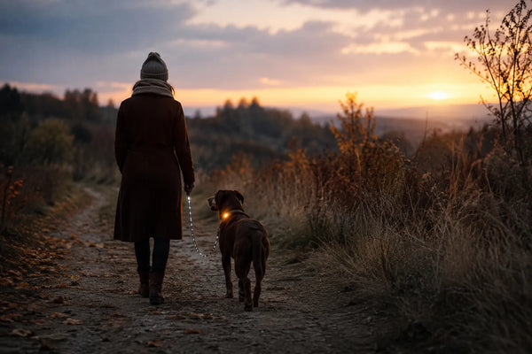 Hund und Mensch bei Dämmerung mit Leuchtanhänger am Halsband