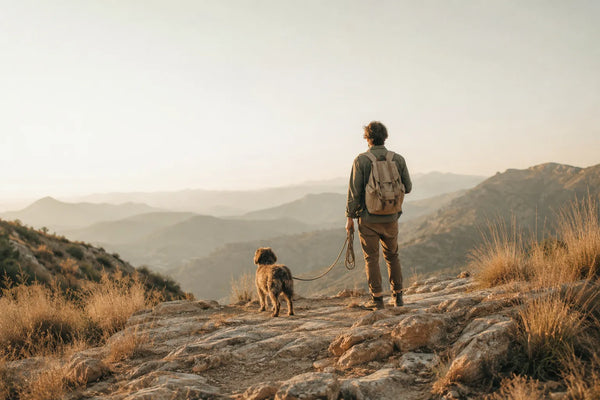 Hund und Wanderin machen Pause auf einem Bergpfad im Morgenlicht