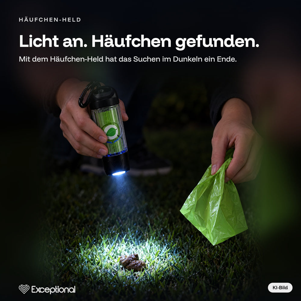 Licht an, Häufchen gefunden – Kotbeutelspender mit Licht leuchtet nachts auf den Hundehaufen