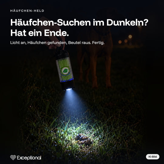 Häufchen-Suchen im Dunkeln hat ein Ende – Licht des Häufchen-Held beleuchtet den Hundehaufen im Gras