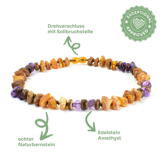 Bernsteinkette mit Amethyst – 🌿 Natürlichkeit trifft Balance 💜 Exceptional - Manufaktur mit Herz