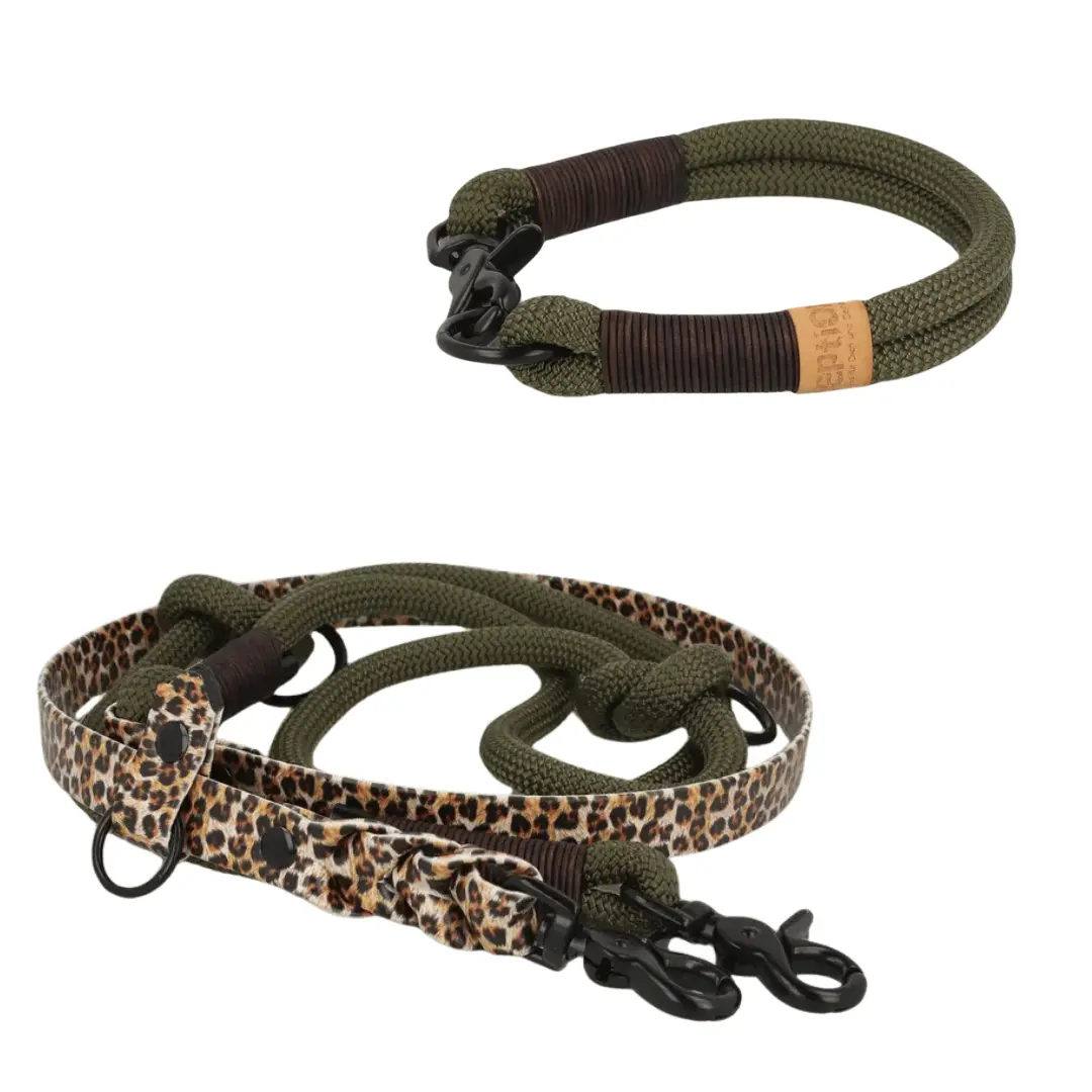 Set | Halsband und Leine aus Tau x BioThane® 'Olive Wildcat' Exceptional - Manufaktur mit Herz