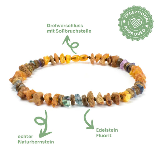 Bernsteinkette mit Fluorit – 🌿 Klarheit. Schutz. Persönlichkeit. 💜💚 Exceptional - Manufaktur mit Herz