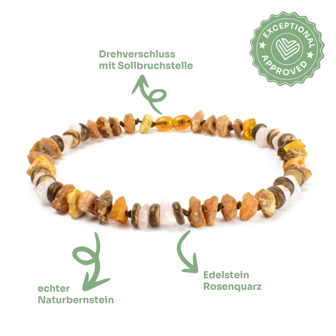 Bernsteinkette mit Rosenquarz – 🌿 Liebe in ihrer natürlichsten Form 💗 Exceptional - Manufaktur mit Herz