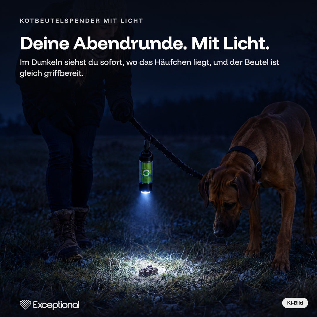 Abendrunde mit Licht – Kotbeutelspender an der Leine zeigt im Dunkeln, wo das Häufchen liegt