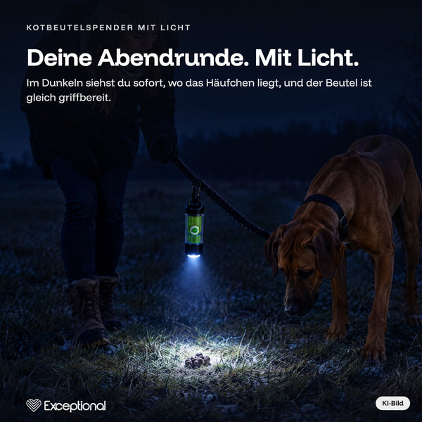 Abendrunde mit Licht – Kotbeutelspender an der Leine zeigt im Dunkeln, wo das Häufchen liegt