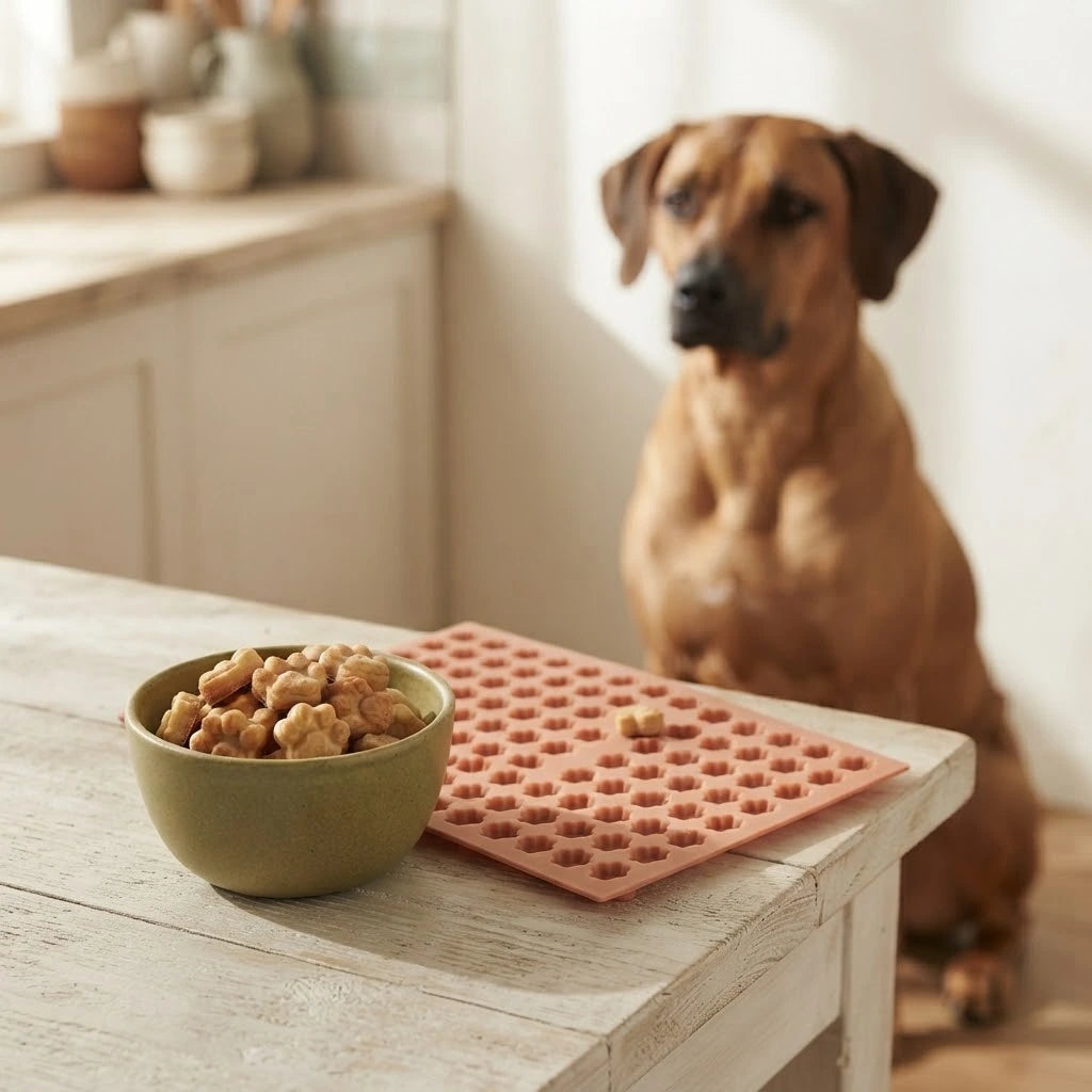 Hund wartet auf selbst gebackene Pfoten-Hundekekse – Schale und Backmatte 'Pfötchen' in der Küche