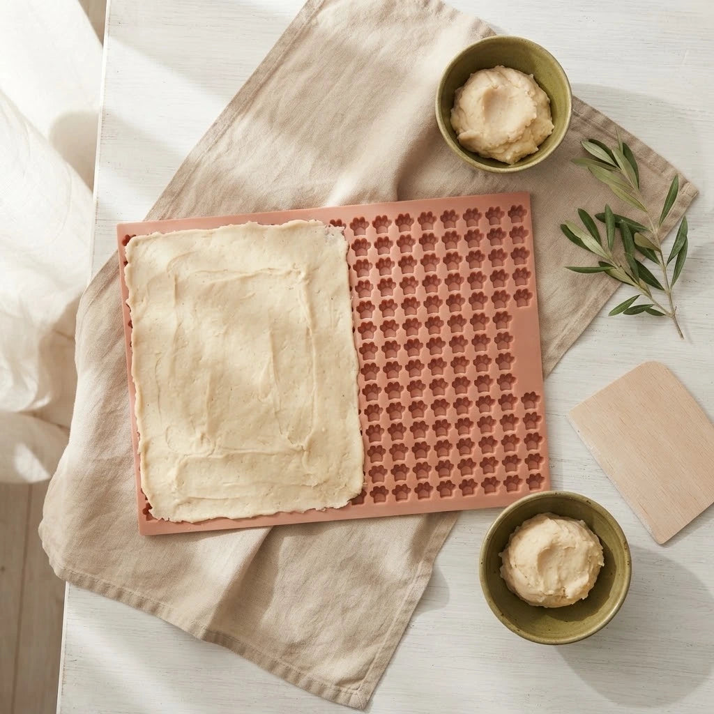 Backmatte 'Pfötchen' mit eingestrichenem Keksteig – Hundekekse selber backen