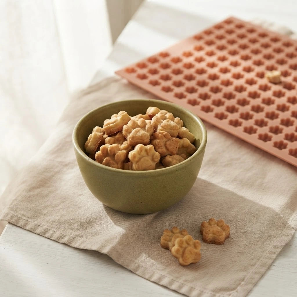 Mini-Hundekekse in Pfotenform in einer Keramikschale, dahinter die Backmatte 'Pfötchen'