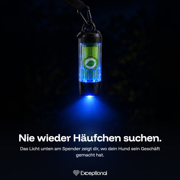 Nie wieder Häufchen suchen – Kotbeutelspender mit blauem LED-Licht an der Leine im Dunkeln