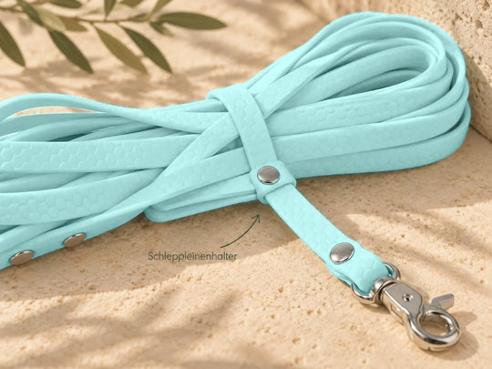 Hexa Schleppleine Pastellblau, Detail Schleppleinenhalter mit Karabiner – Exceptional