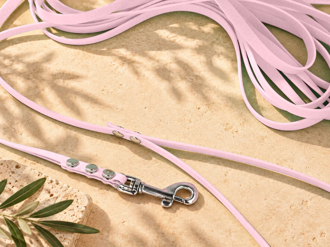 Hexa Schleppleine Pastellrosa, ausgelegt, Detail Karabiner auf Stein – Exceptional