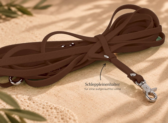 Hexa Schleppleine Schokoladenbraun, aufgerollt mit Schleppleinenhalter auf Sand – Exceptional
