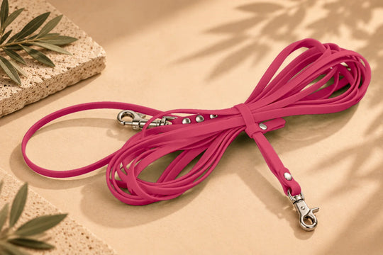 Hexa Schleppleine Viva Magenta, aufgerollt mit Schleppleinenhalter, Flatlay – Exceptional