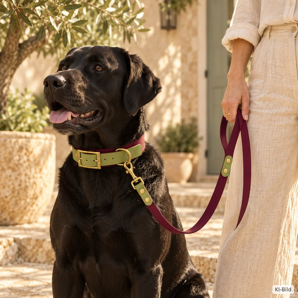 Schwarzer Labrador mit BioThane Halsband und Hundeleine Château Verde in Bordeaux und Pistazie - Exceptional