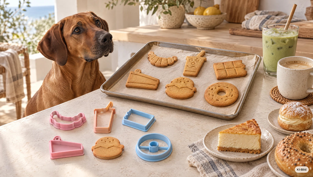 Hund in der Küche neben frisch gebackenen Hundekeksen aus dem Ausstecher-Set Bäckerei #set_b-ckerei