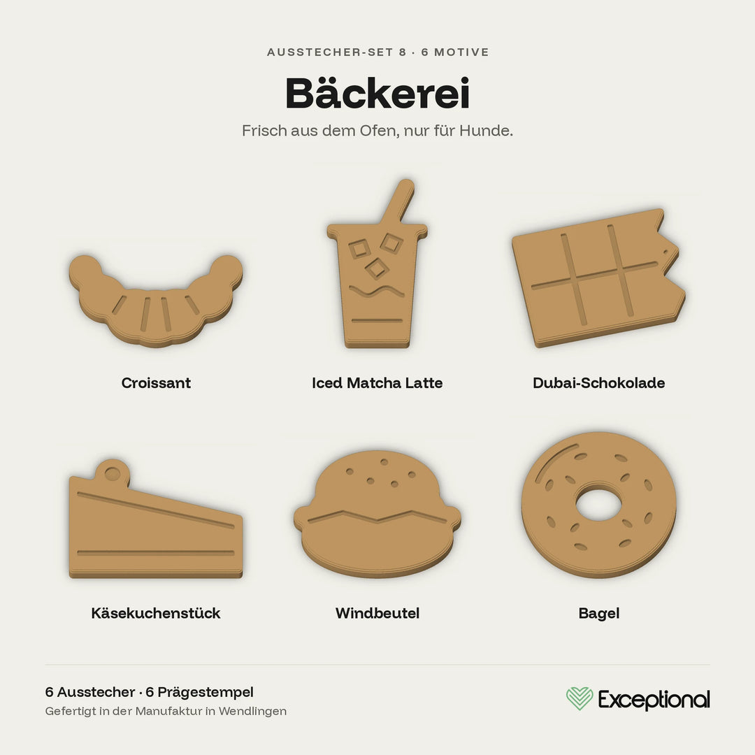 Motivübersicht Hundekeks-Ausstecher Set Bäckerei: Croissant, Iced Matcha Latte, Dubai-Schokolade, Käsekuchenstück, Windbeutel, Bagel #set_b-ckerei