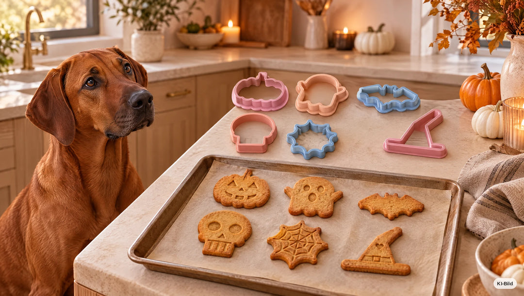 Hund in der Küche neben frisch gebackenen Hundekeksen aus dem Ausstecher-Set Geisterstunde #set_geisterstunde