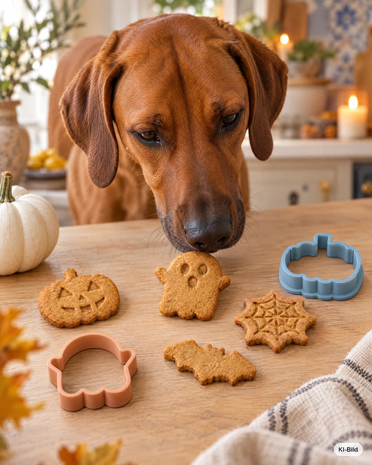 Hund schnuppert an Hundekeksen aus dem Ausstecher-Set Geisterstunde #set_geisterstunde