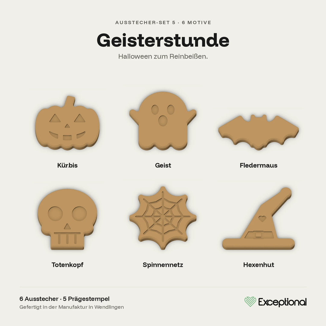 Motivübersicht Hundekeks-Ausstecher Set Geisterstunde: Kürbis, Geist, Fledermaus, Totenkopf, Spinnennetz, Hexenhut #set_geisterstunde