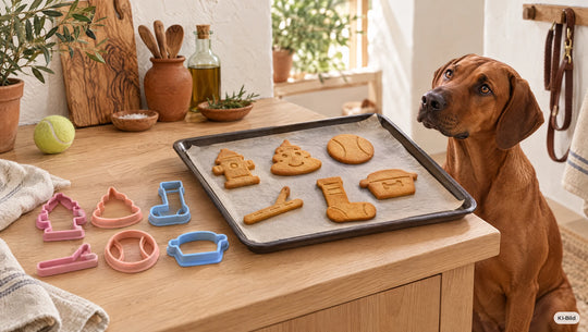 Hund in der Küche neben frisch gebackenen Hundekeksen aus dem Ausstecher-Set Hundealltag #set_hundealltag