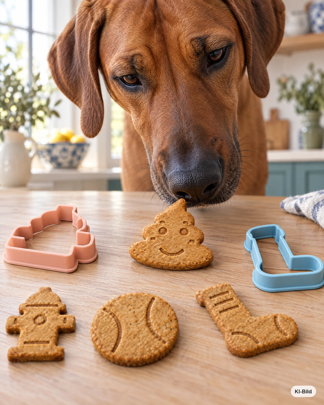 Hund schnuppert an Hundekeksen aus dem Ausstecher-Set Hundealltag #set_hundealltag
