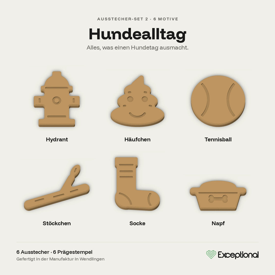 Motivübersicht Hundekeks-Ausstecher Set Hundealltag: Hydrant, Häufchen, Tennisball, Stöckchen, Socke, Napf #set_hundealltag