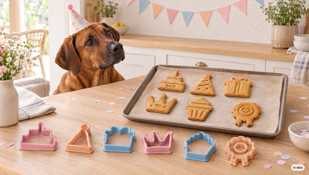 Hund in der Küche neben frisch gebackenen Hundekeksen aus dem Ausstecher-Set Hundegeburtstag #set_hundegeburtstag