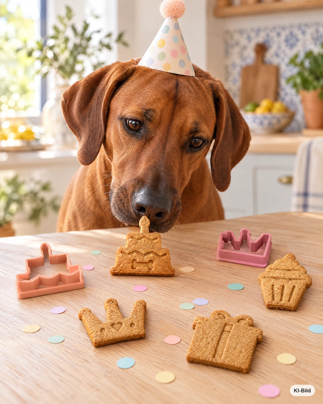 Hund schnuppert an Hundekeksen aus dem Ausstecher-Set Hundegeburtstag #set_hundegeburtstag