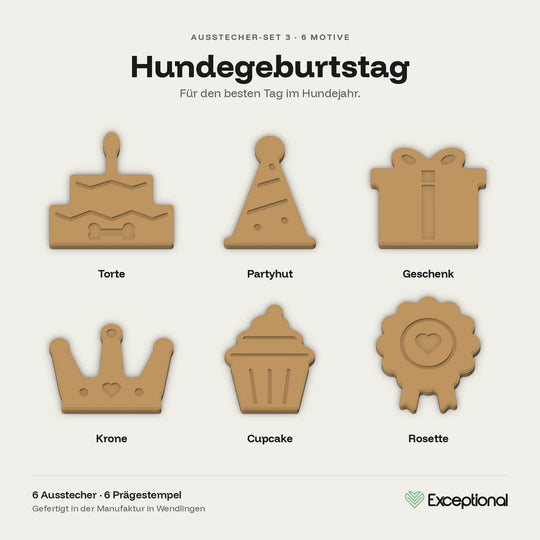 Motivübersicht Hundekeks-Ausstecher Set Hundegeburtstag: Torte, Partyhut, Geschenk, Krone, Cupcake, Rosette #set_hundegeburtstag