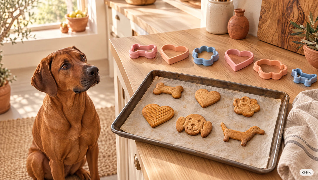 Hund in der Küche neben frisch gebackenen Hundekeksen aus dem Ausstecher-Set Klassiker #set_klassiker