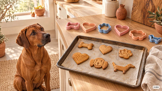 Hund in der Küche neben frisch gebackenen Hundekeksen aus dem Ausstecher-Set Klassiker #set_klassiker