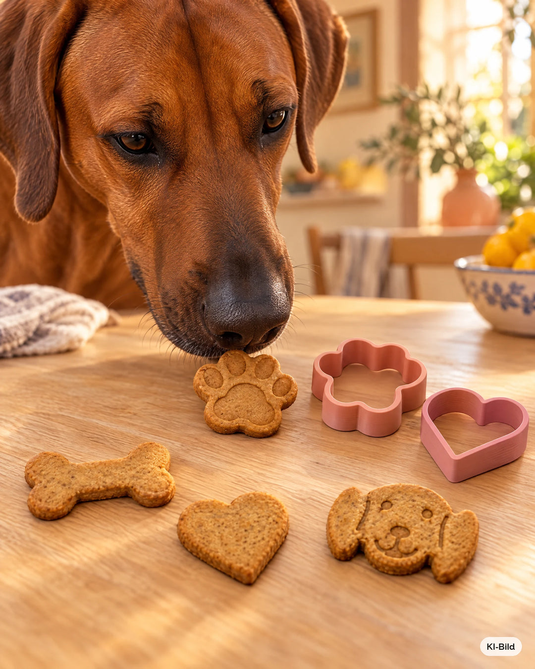 Hund schnuppert an Hundekeksen aus dem Ausstecher-Set Klassiker #set_klassiker