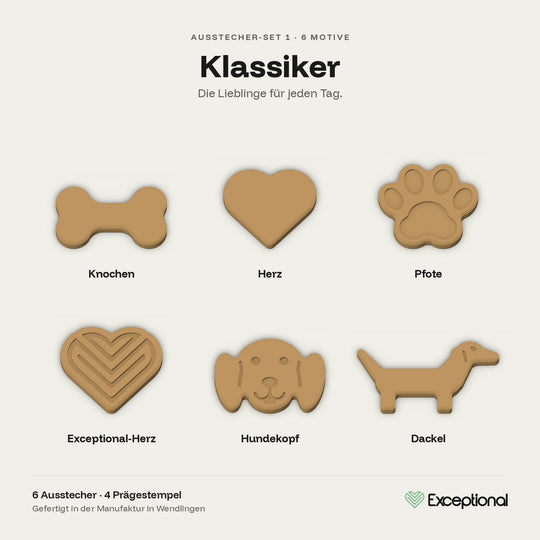 Motivübersicht Hundekeks-Ausstecher Set Klassiker: Knochen, Herz, Pfote, Exceptional-Herz, Hundekopf, Dackel #set_klassiker