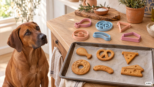 Hund in der Küche neben frisch gebackenen Hundekeksen aus dem Ausstecher-Set Snackbar #set_snackbar