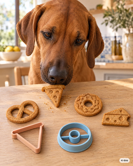 Hund schnuppert an Hundekeksen aus dem Ausstecher-Set Snackbar #set_snackbar