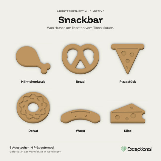 Motivübersicht Hundekeks-Ausstecher Set Snackbar: Hähnchenkeule, Brezel, Pizzastück, Donut, Wurst, Käse #set_snackbar