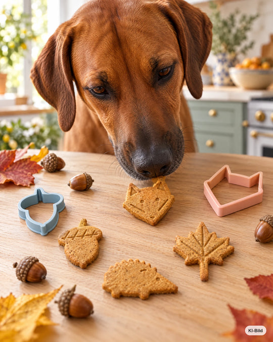 Hund schnuppert an Hundekeksen aus dem Ausstecher-Set Waldspaziergang #set_waldspaziergang