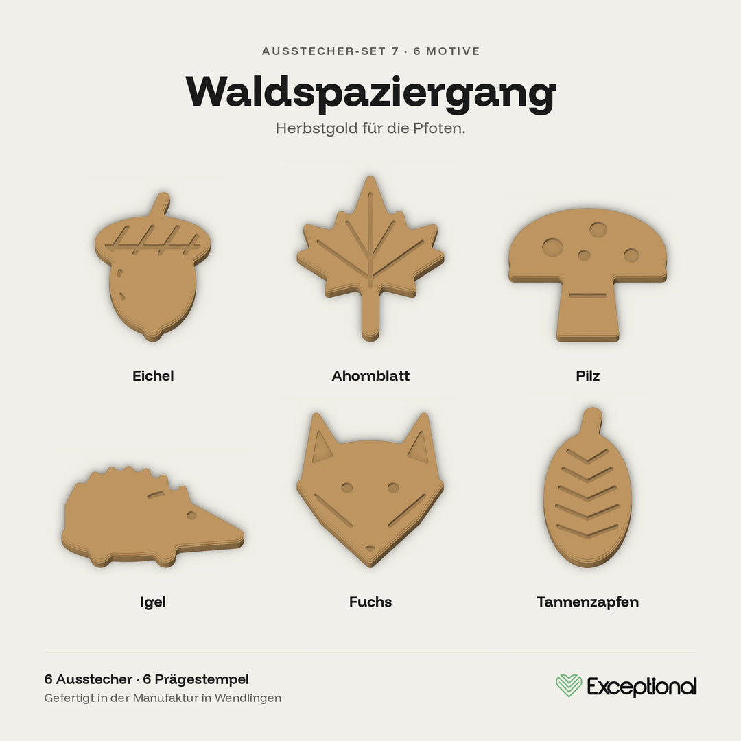 Motivübersicht Hundekeks-Ausstecher Set Waldspaziergang: Eichel, Ahornblatt, Pilz, Igel, Fuchs, Tannenzapfen #set_waldspaziergang