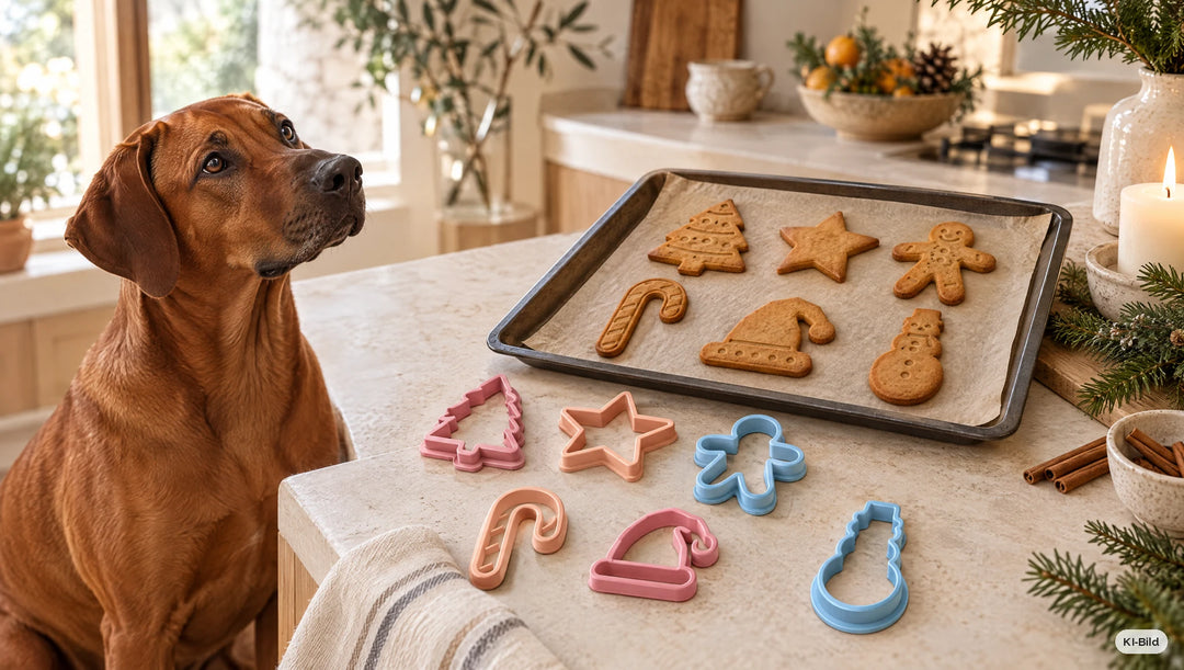 Hund in der Küche neben frisch gebackenen Hundekeksen aus dem Ausstecher-Set Weihnachtsbäckerei #set_weihnachtsb-ckerei