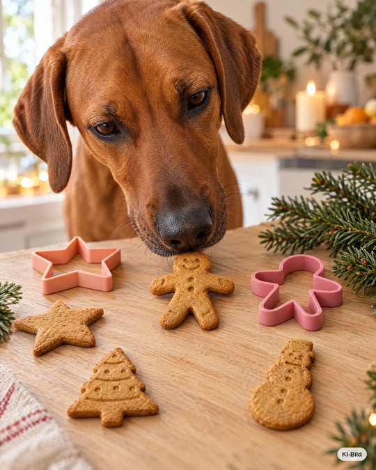 Hund schnuppert an Hundekeksen aus dem Ausstecher-Set Weihnachtsbäckerei #set_weihnachtsb-ckerei
