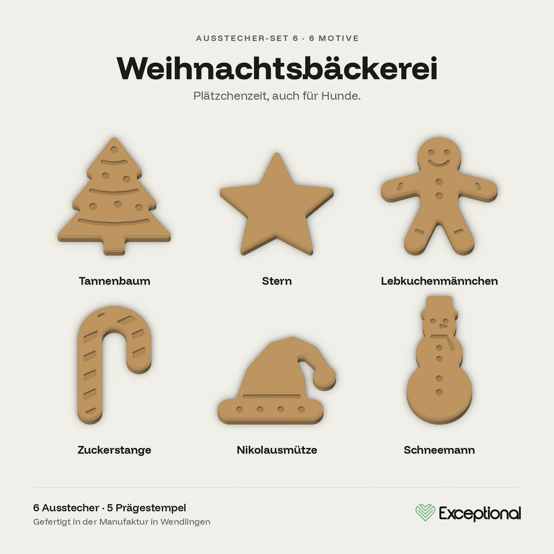 Motivübersicht Hundekeks-Ausstecher Set Weihnachtsbäckerei: Tannenbaum, Stern, Lebkuchenmännchen, Zuckerstange, Nikolausmütze, Schneemann #set_weihnachtsb-ckerei