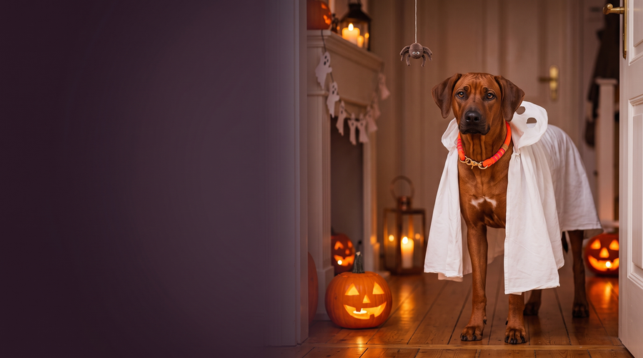 Rhodesian Ridgeback Nala im Gespenster-Cape mit Tauhalsband in Orange – Halloween bei Exceptional